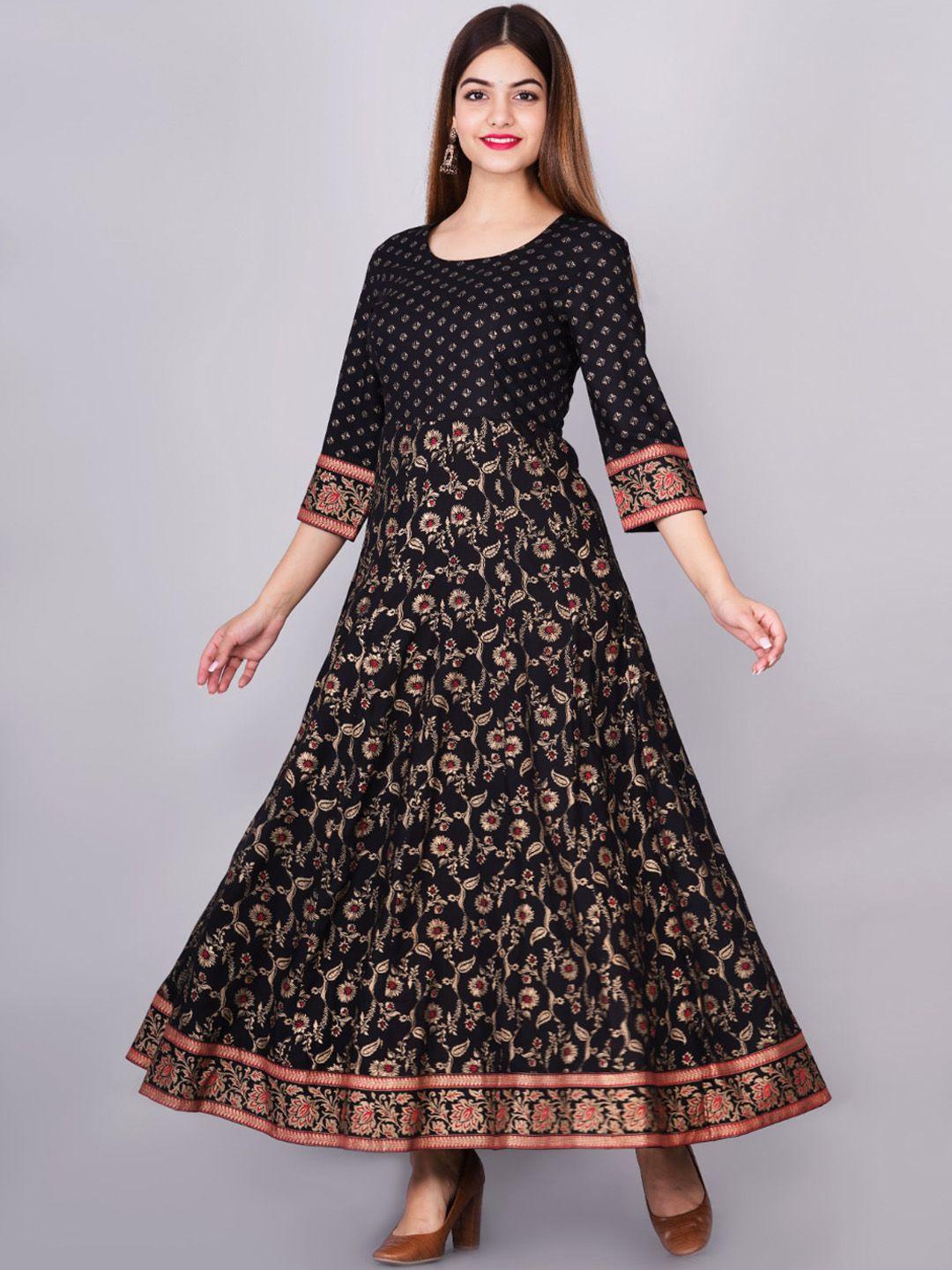 kalini women black & red ethnic motifs printed round neck cotton anarkali kurta