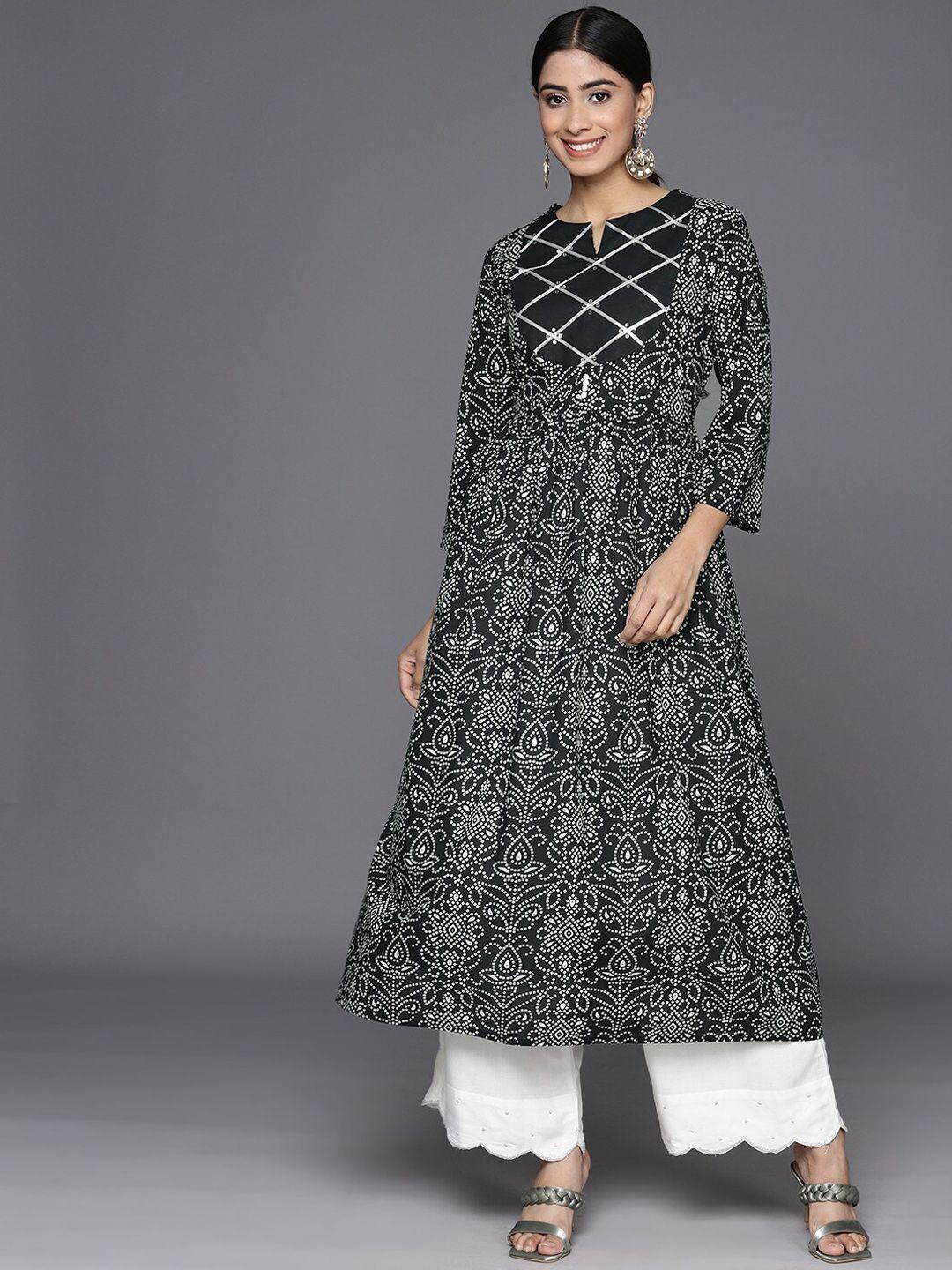 kalini women black & white bandhani printed sequinned anarkali kurta