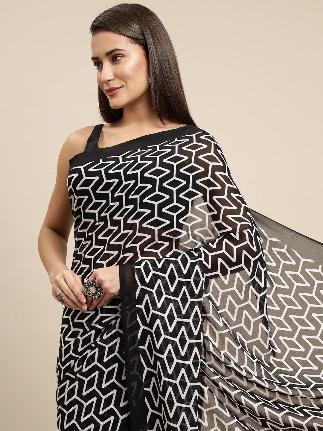 kalini women black & white geometric print saree
