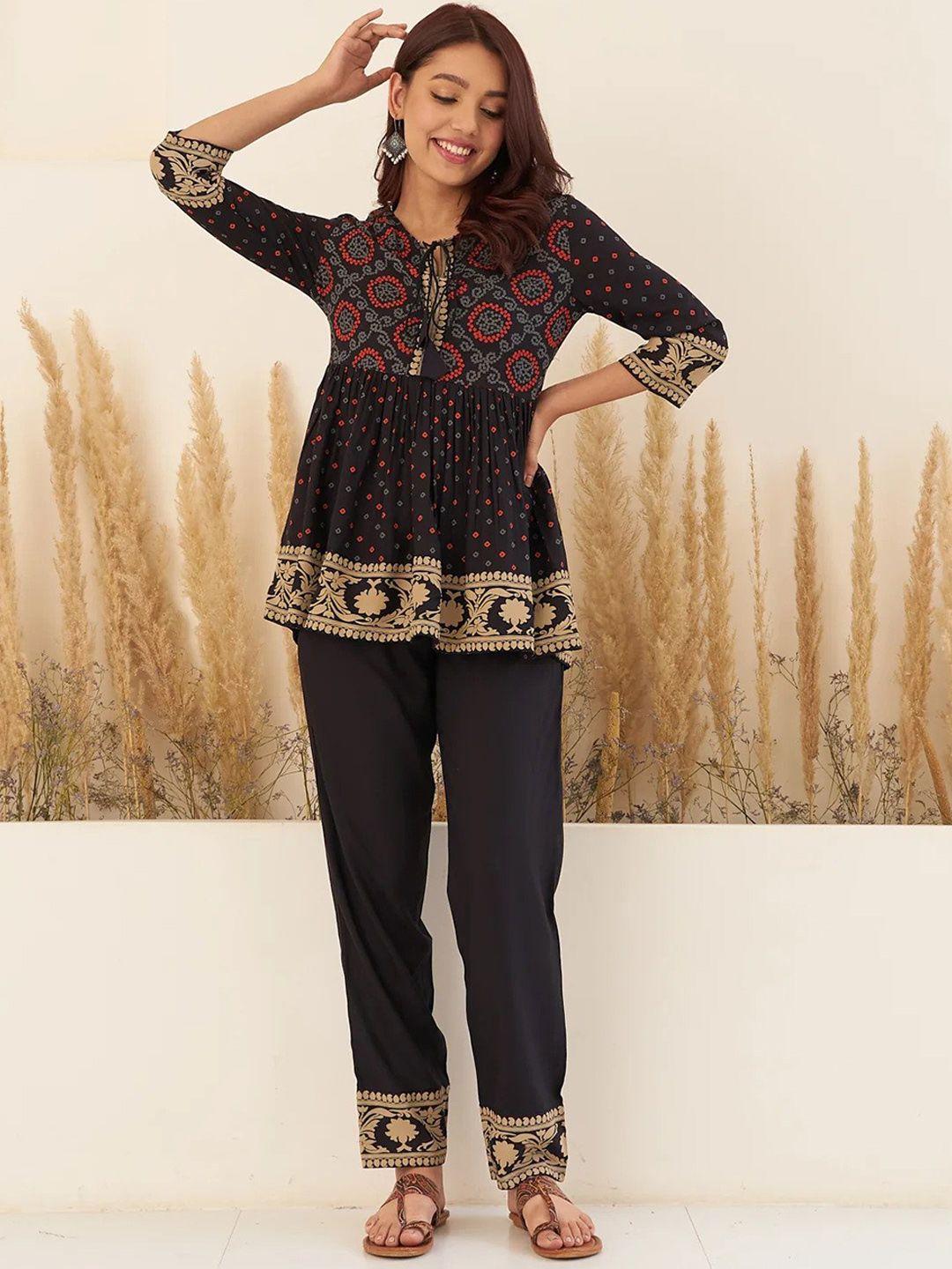 kalini women black bandhani printed regular top with trousers