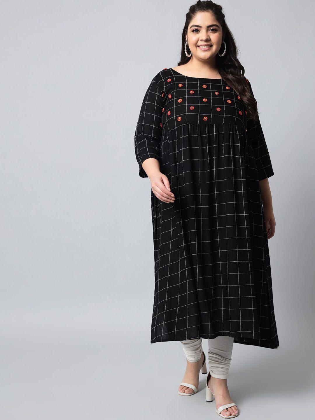 kalini women black checked thread work floral kurta