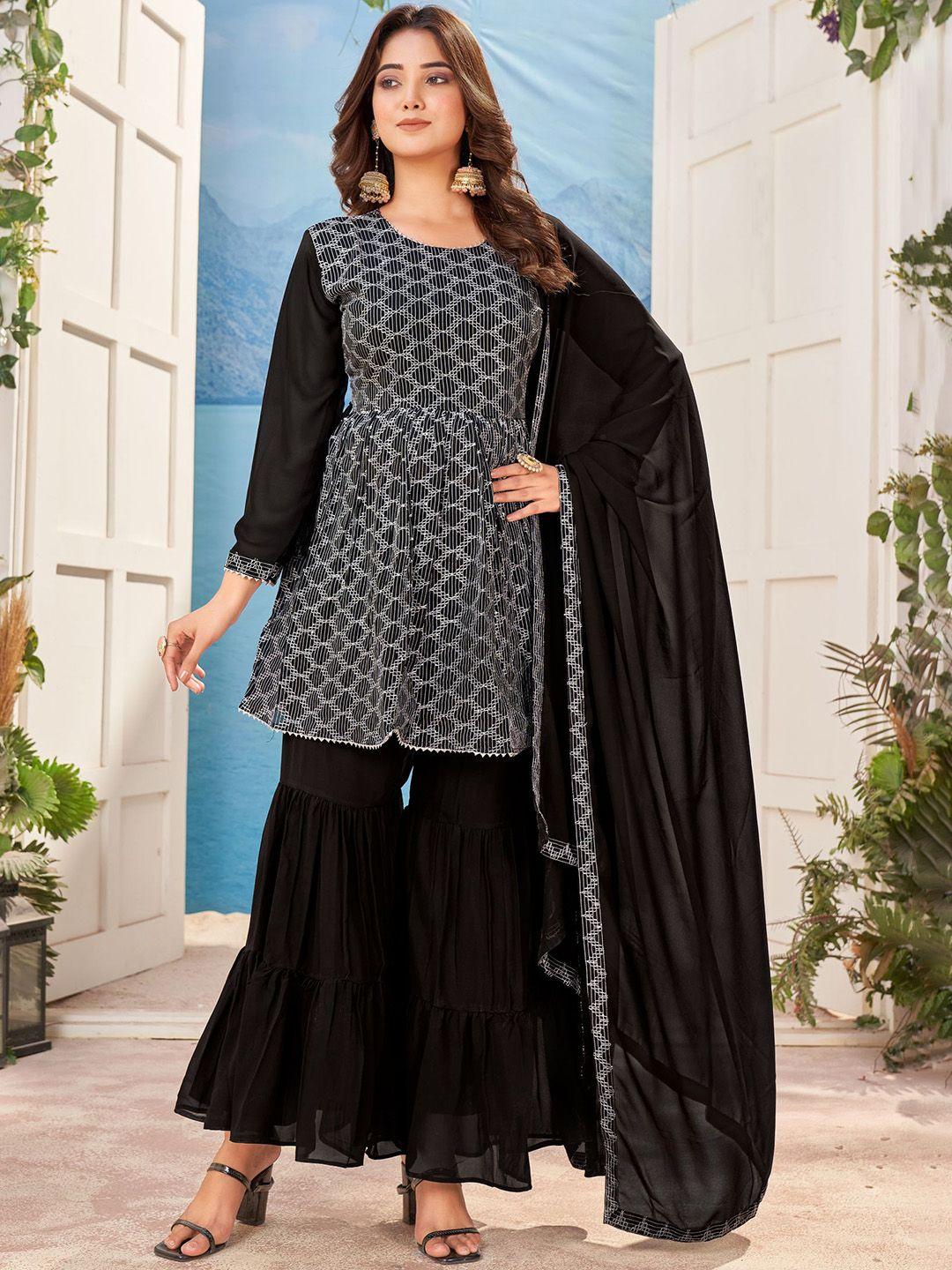 kalini women black ethnic motifs embroidered pleated gotta patti top with sharara & with dupatta