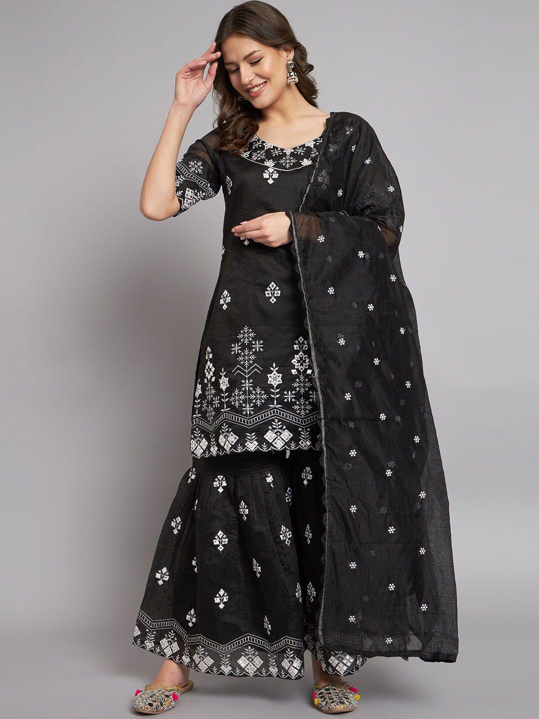 kalini women black ethnic motifs embroidered regular mirror work chanderi cotton kurta with sharara & with