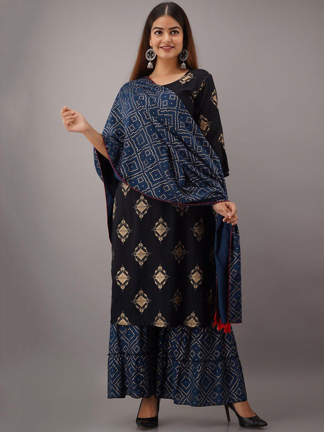 kalini women black ethnic motifs printed aari work kurta with sharara & with dupatta