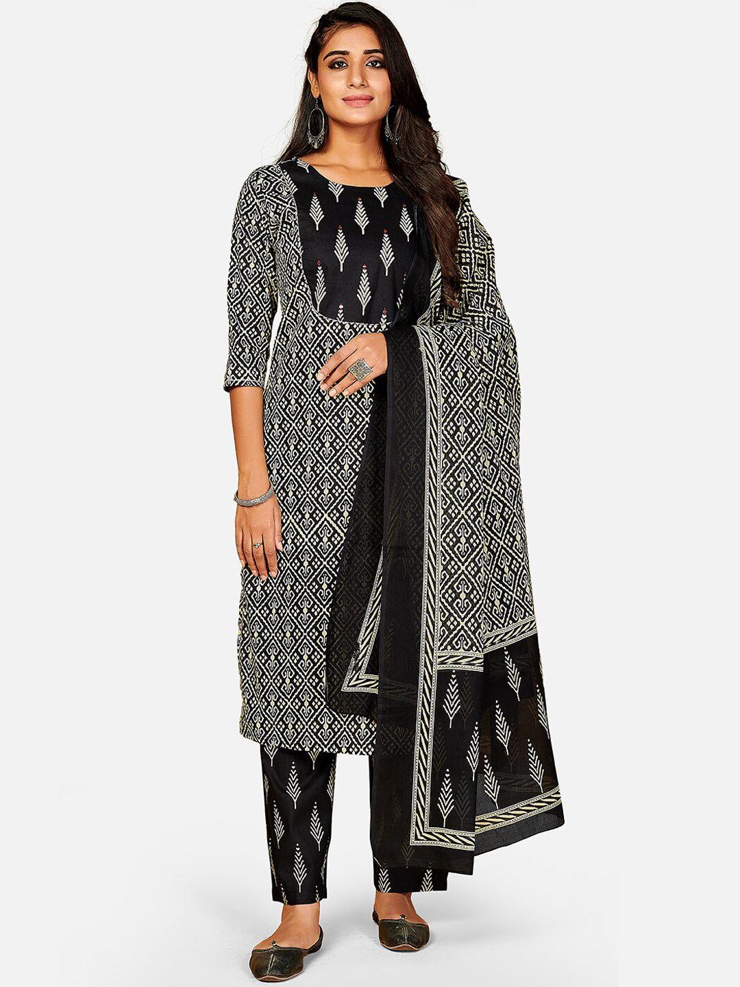 kalini women black ethnic motifs printed pure cotton kurti with churidar & with dupatta