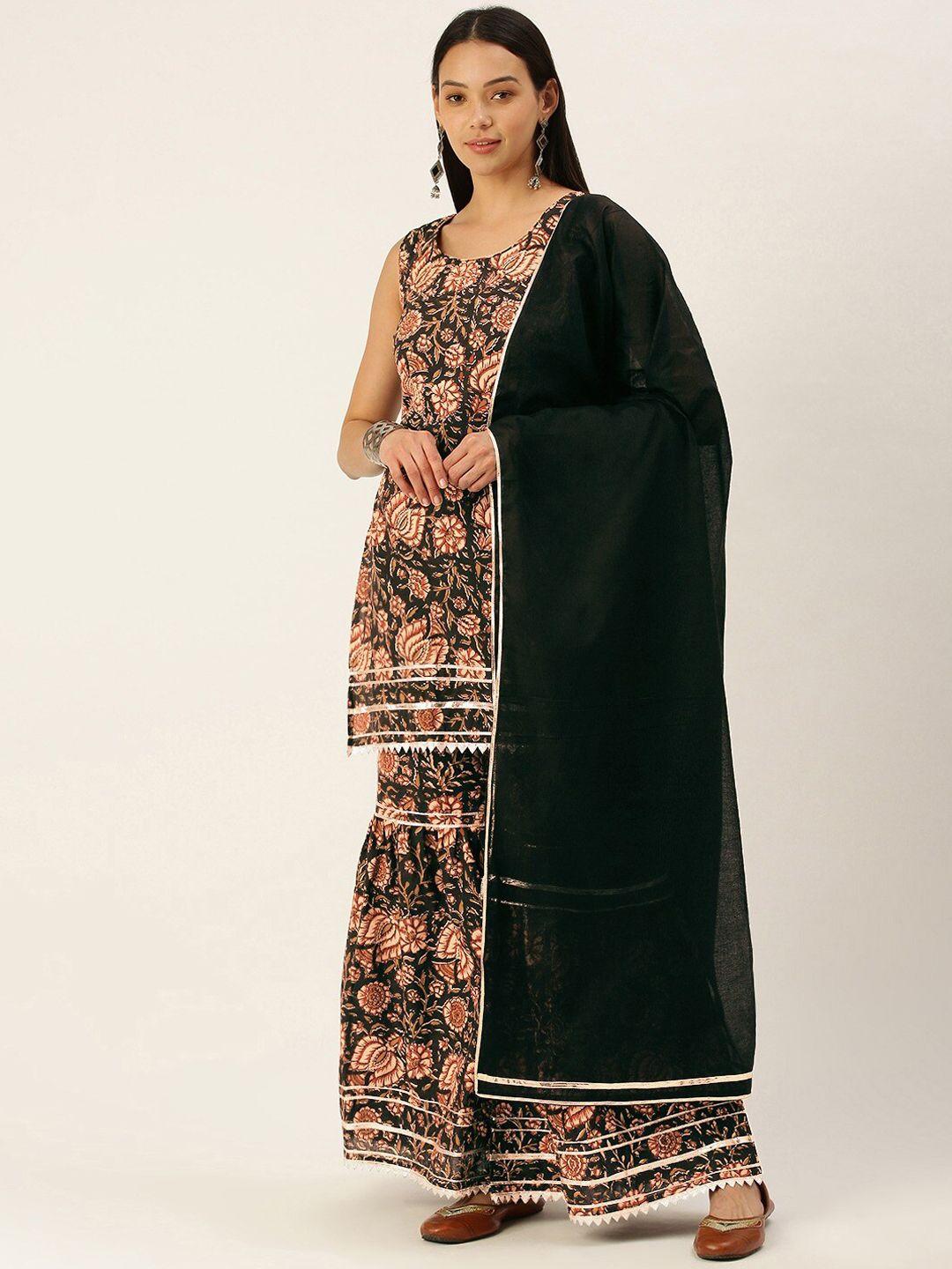 kalini women black ethnic motifs printed regular gotta patti pure cotton kurta with sharara & with dupatta