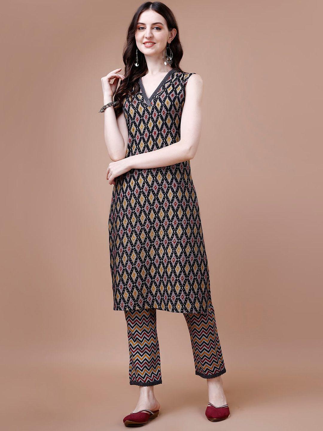 kalini women black ethnic motifs printed regular kurta with trousers