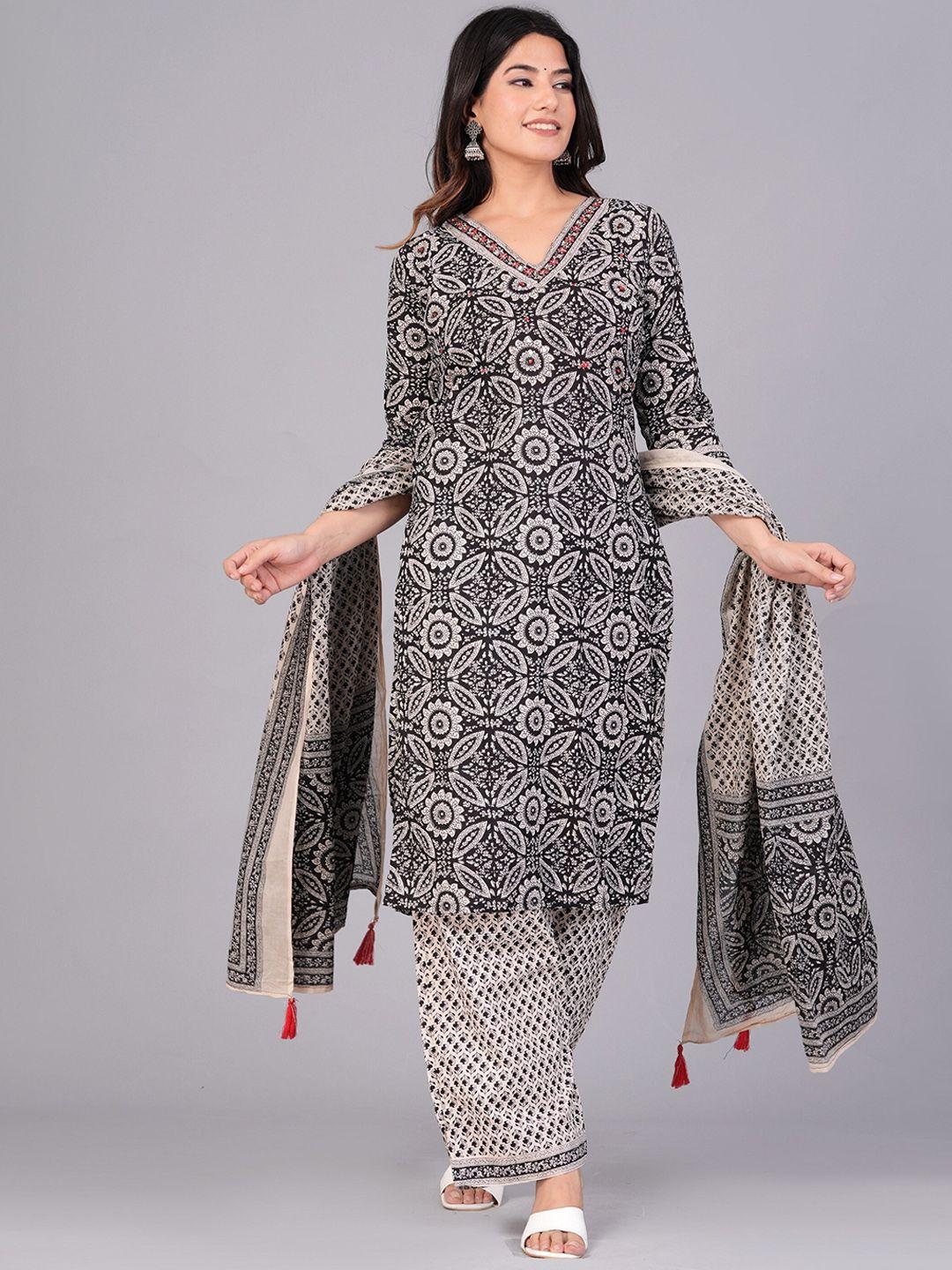 kalini women black ethnic motifs printed regular pure cotton kurta with trousers & with dupatta