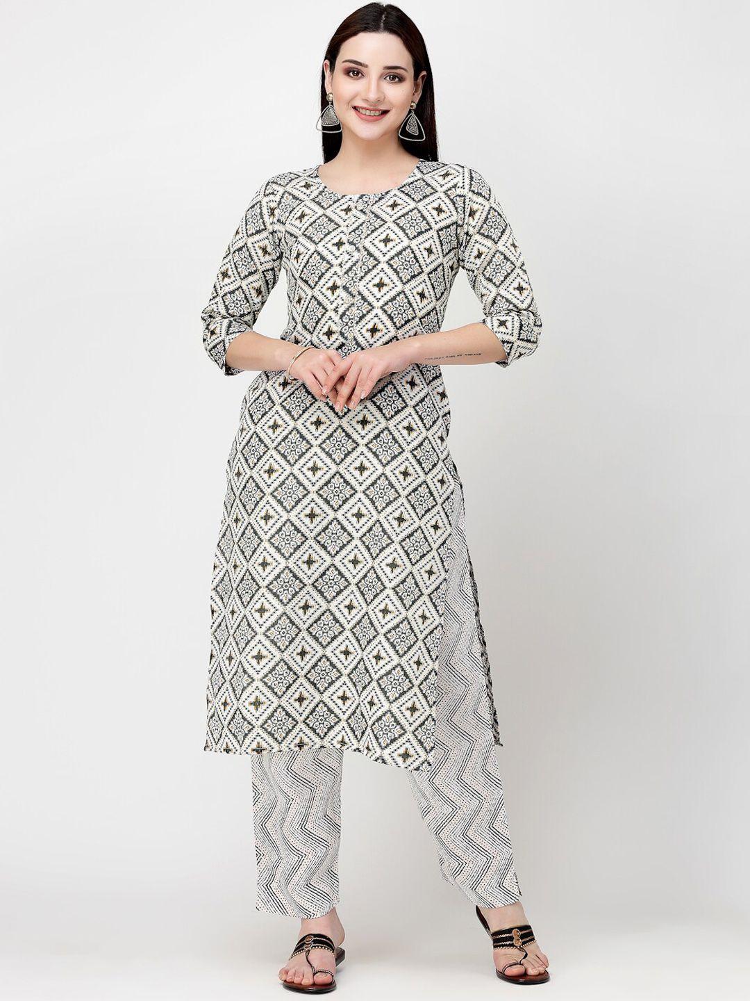 kalini women black ethnic motifs printed regular pure cotton kurta with trousers