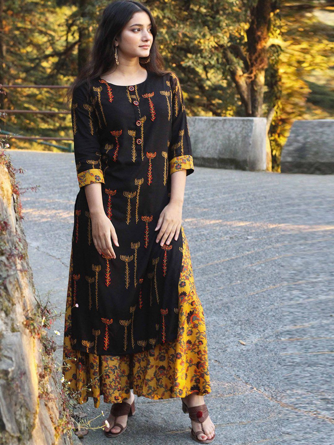 kalini women black ethnic motifs printed regular thread work kurta with palazzos