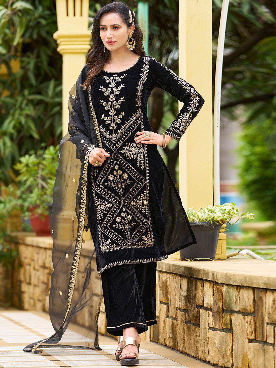 kalini women black floral embroidered regular thread work velvet kurta with trousers & with dupatta