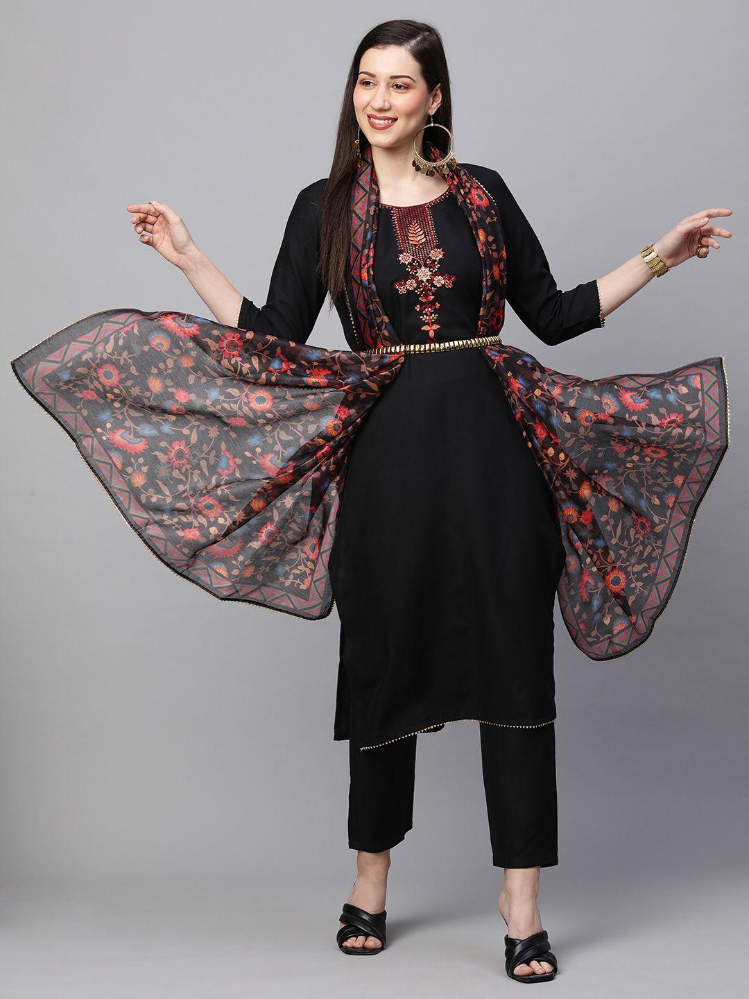 kalini women black floral embroidered thread work kurta with trousers & with dupatta