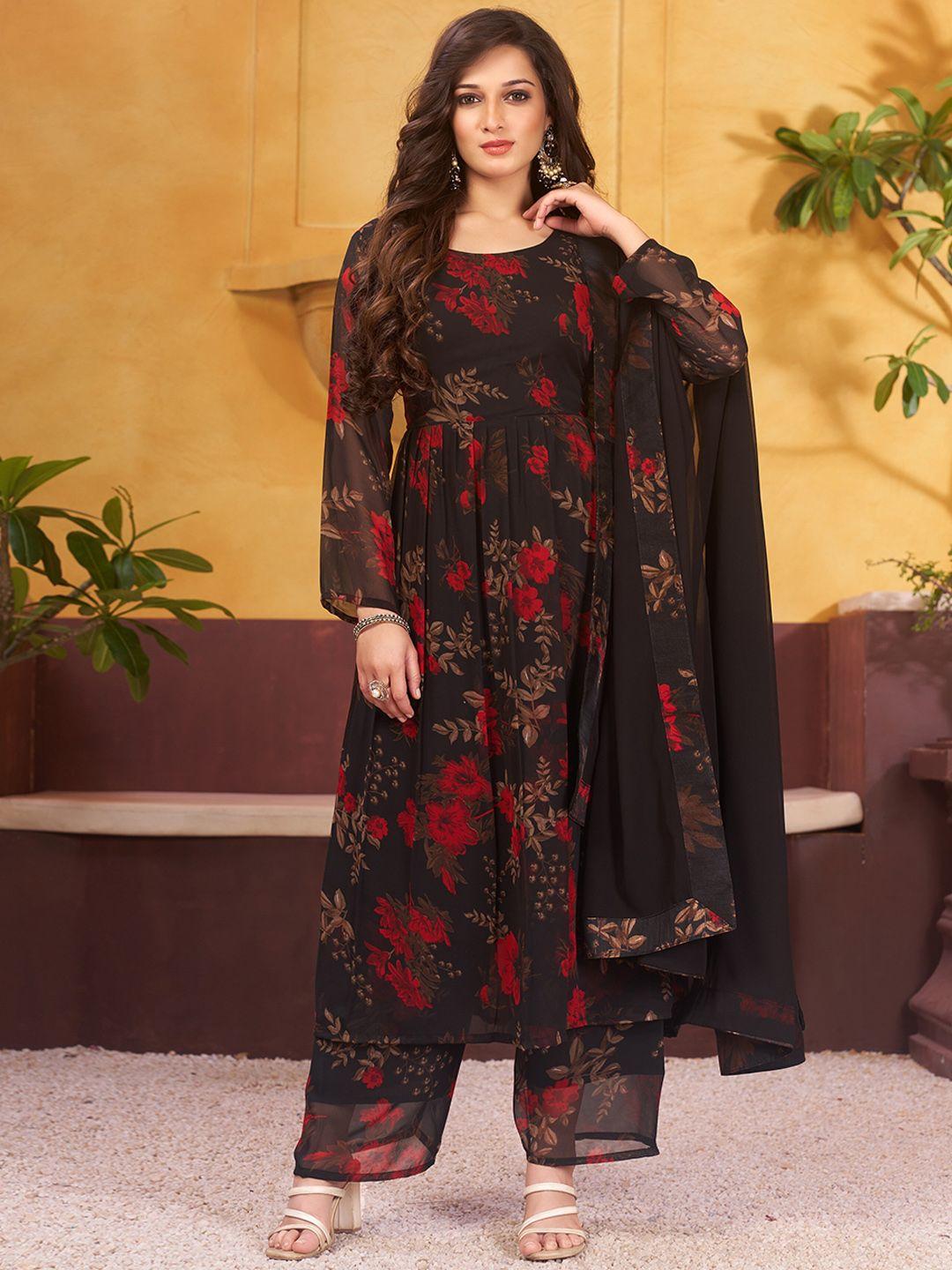kalini women black floral printed pleated kurta with trousers & with dupatta