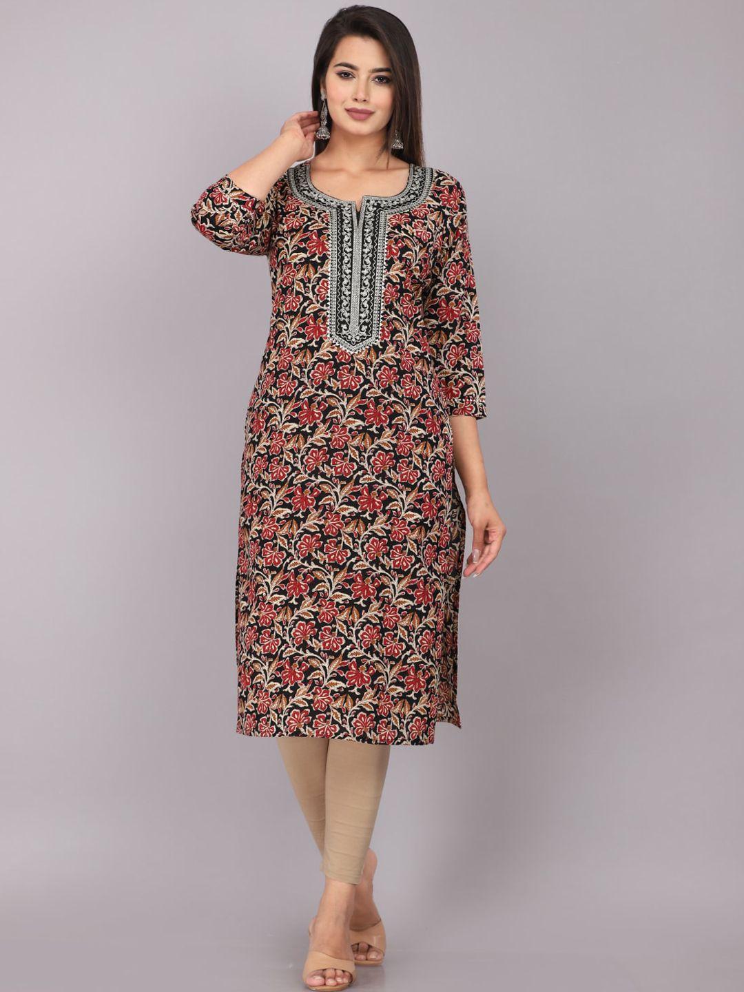 kalini women black floral printed thread work kurta