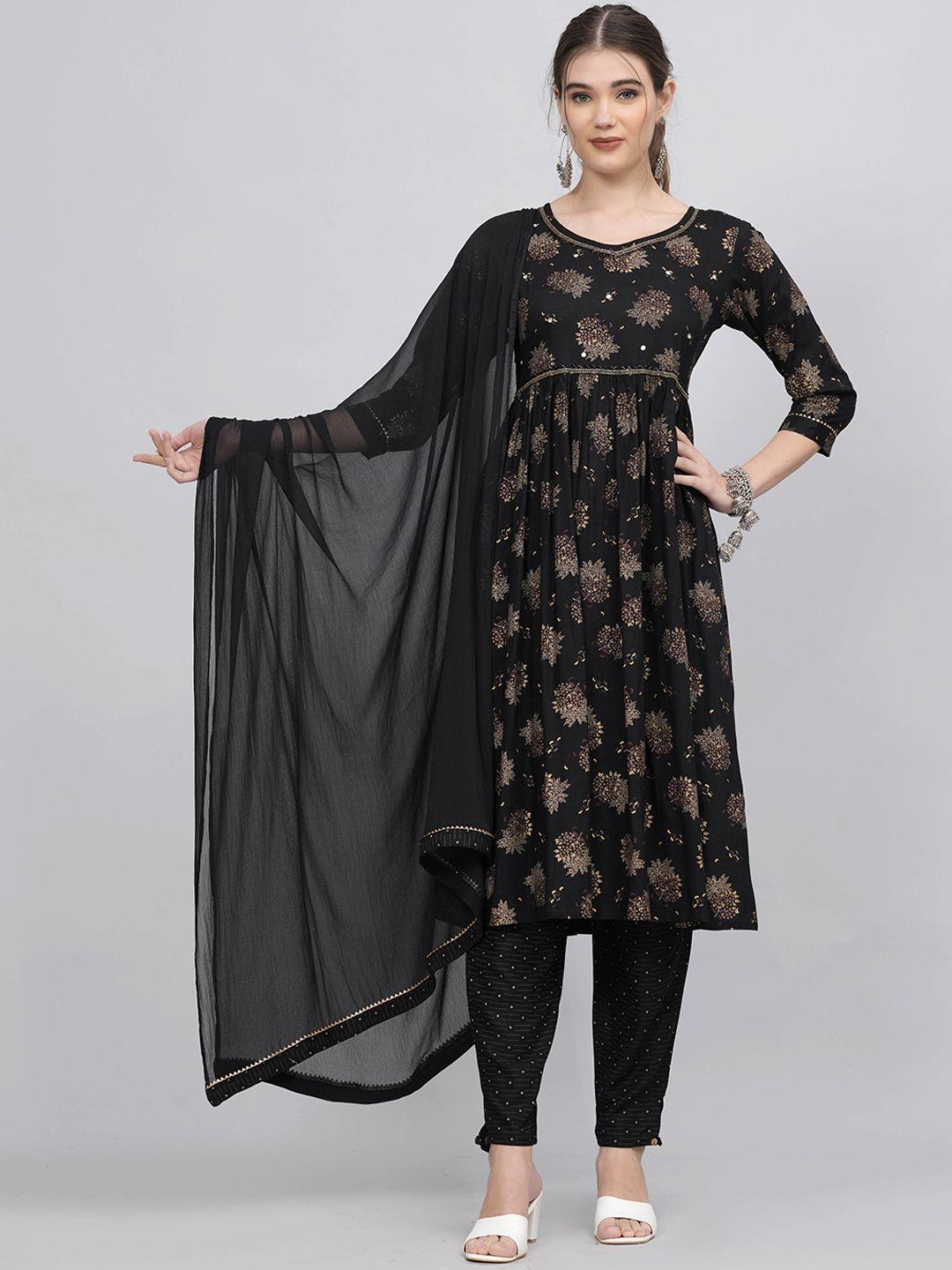 kalini women black floral regular kurta with trousers & with dupatta