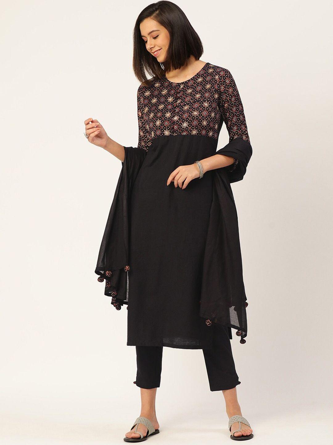 kalini women black floral yoke design regular beads and stones pure cotton kurta with trousers & with dupatta