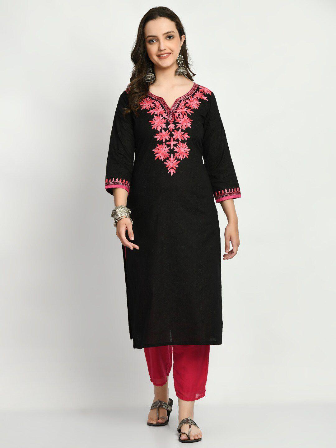 kalini women black floral yoke design thread work kurta