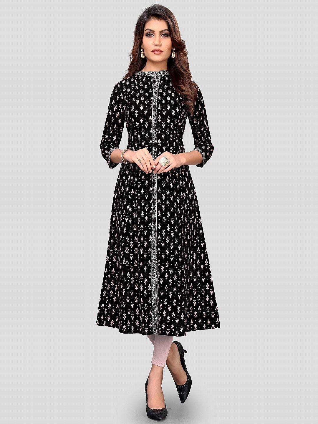 kalini women black geometric printed thread work anarkali kurta