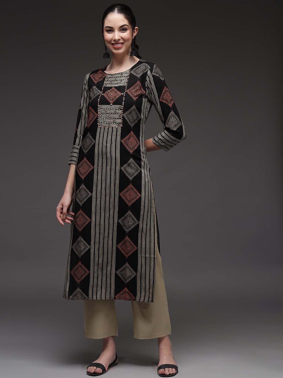 kalini women black geometric striped kurta