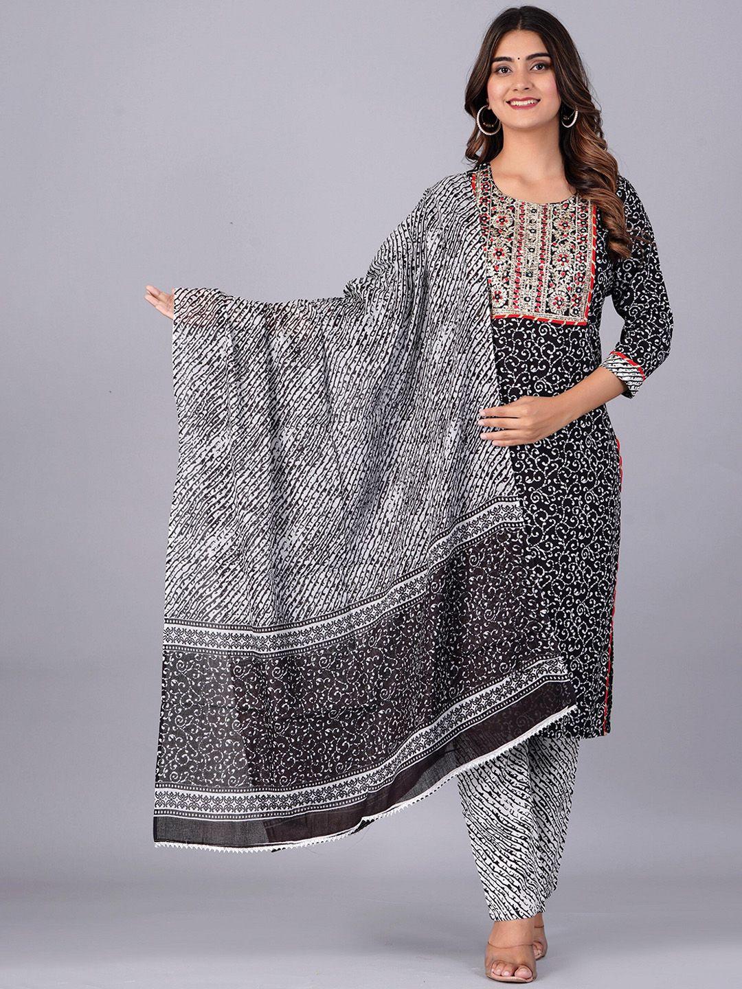 kalini women black paisley printed regular thread work kurta with trousers & with dupatta
