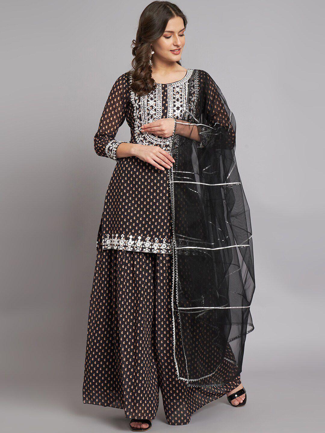 kalini women black paisley printed regular thread work kurti with sharara & with dupatta