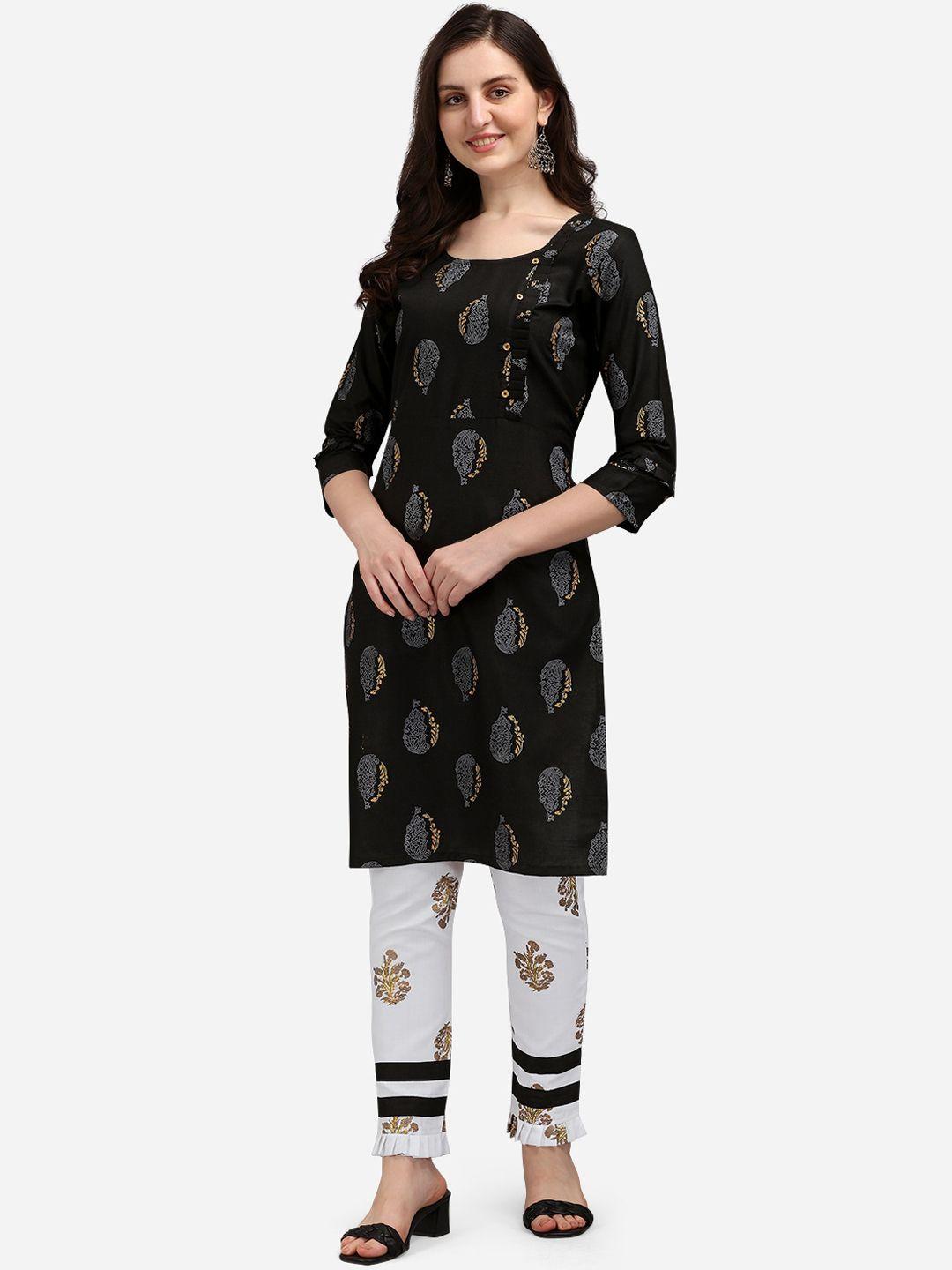 kalini women black printed cotton straight kurta with trousers