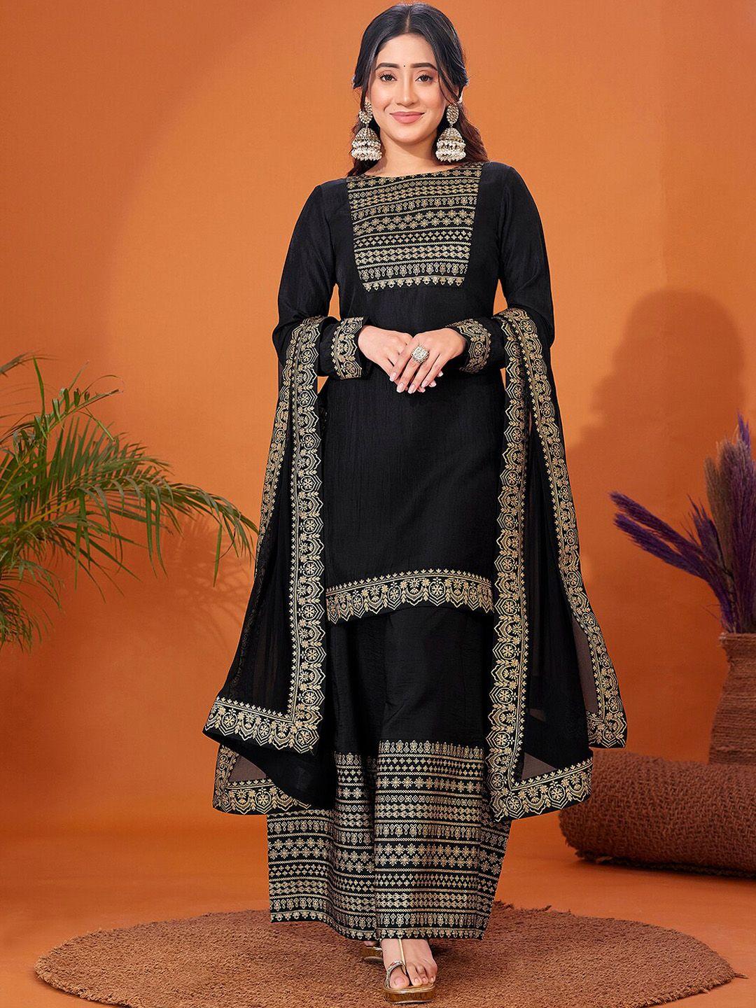 kalini women black printed regular kurta with trousers & with dupatta