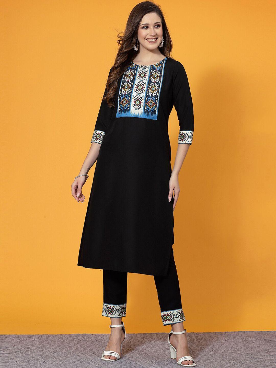 kalini women black printed regular kurta with trousers