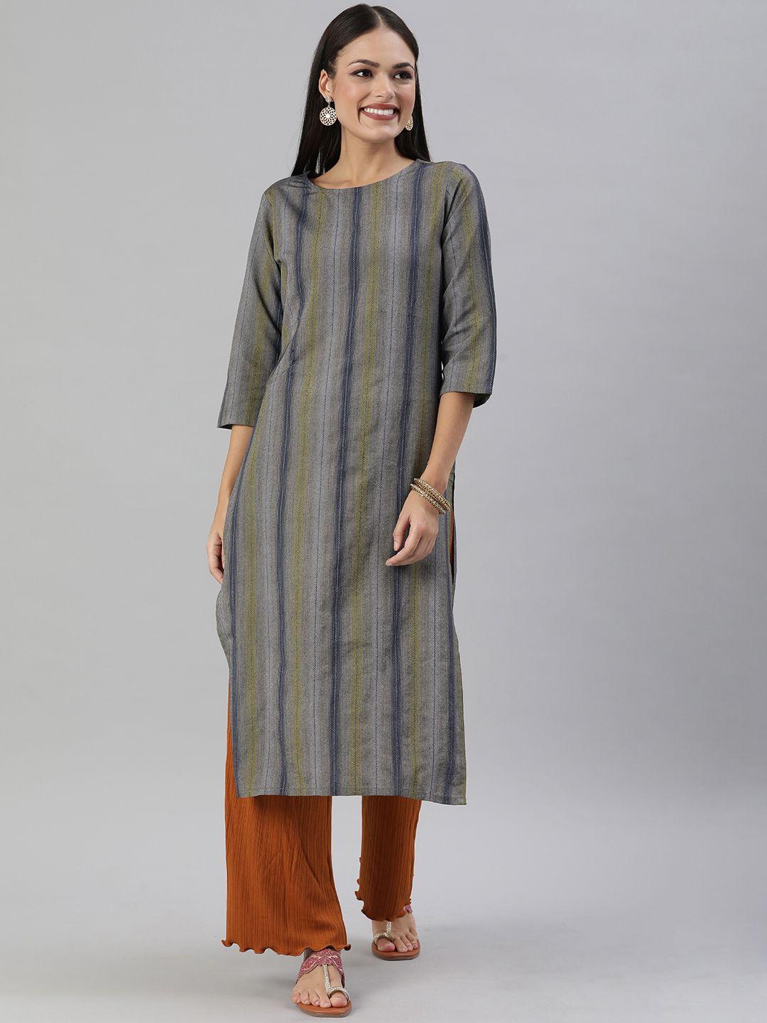 kalini women blue & grey striped straight kurta