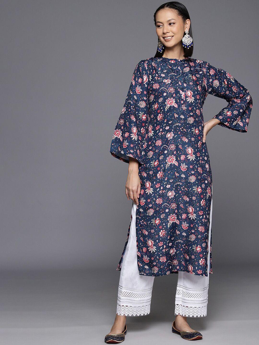 kalini women blue & pink floral printed flared sleeves floral kurta