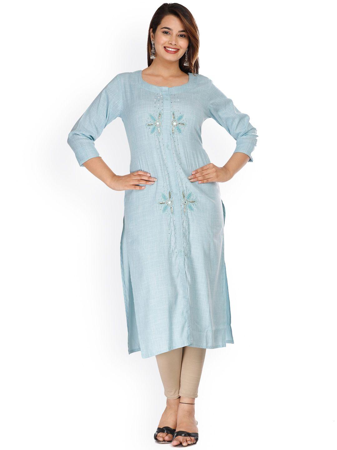 kalini women blue & silver-toned embellished zardozi cotton kurta