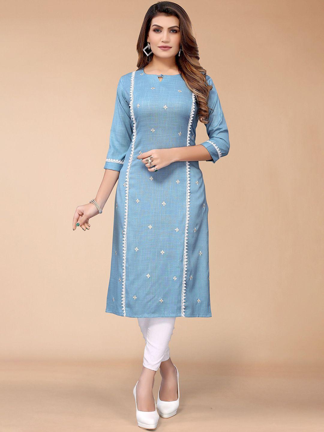 kalini women blue & white ethnic motifs embroidered kurta