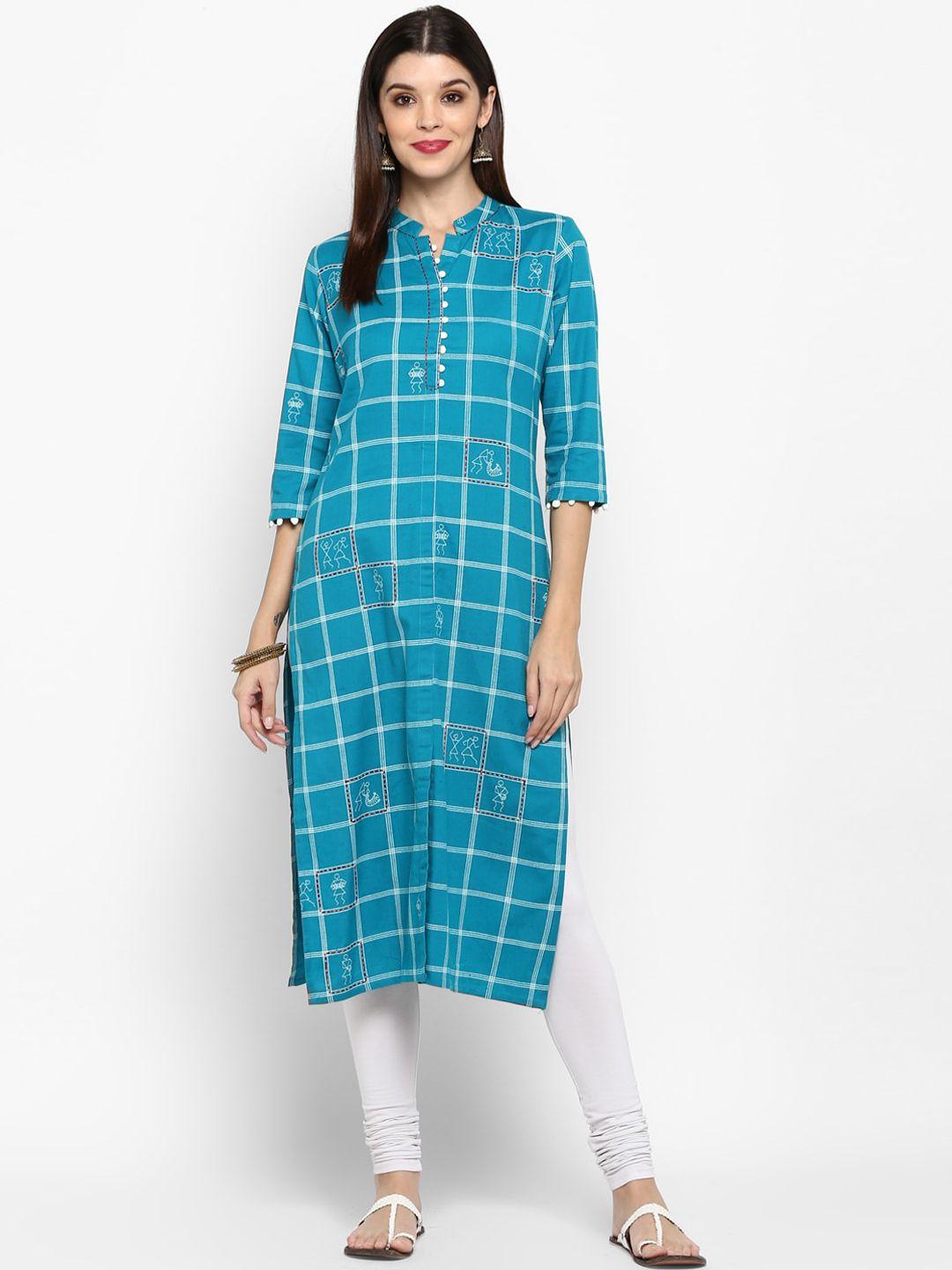 kalini women blue checked thread work kurta