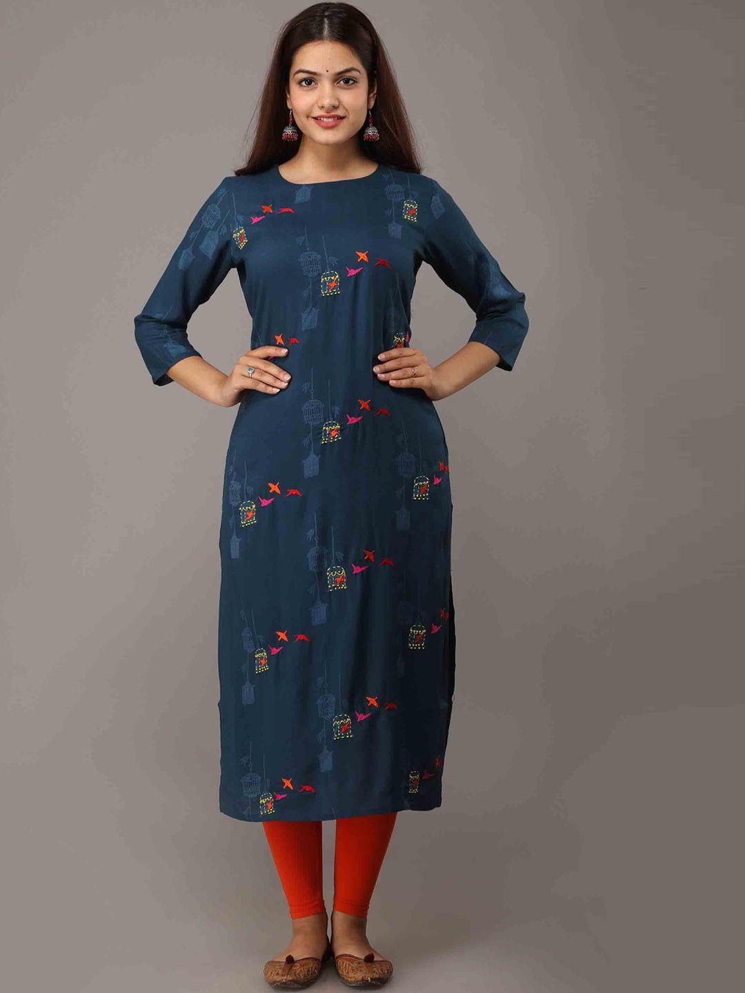 kalini women blue embroidered thread work kurta