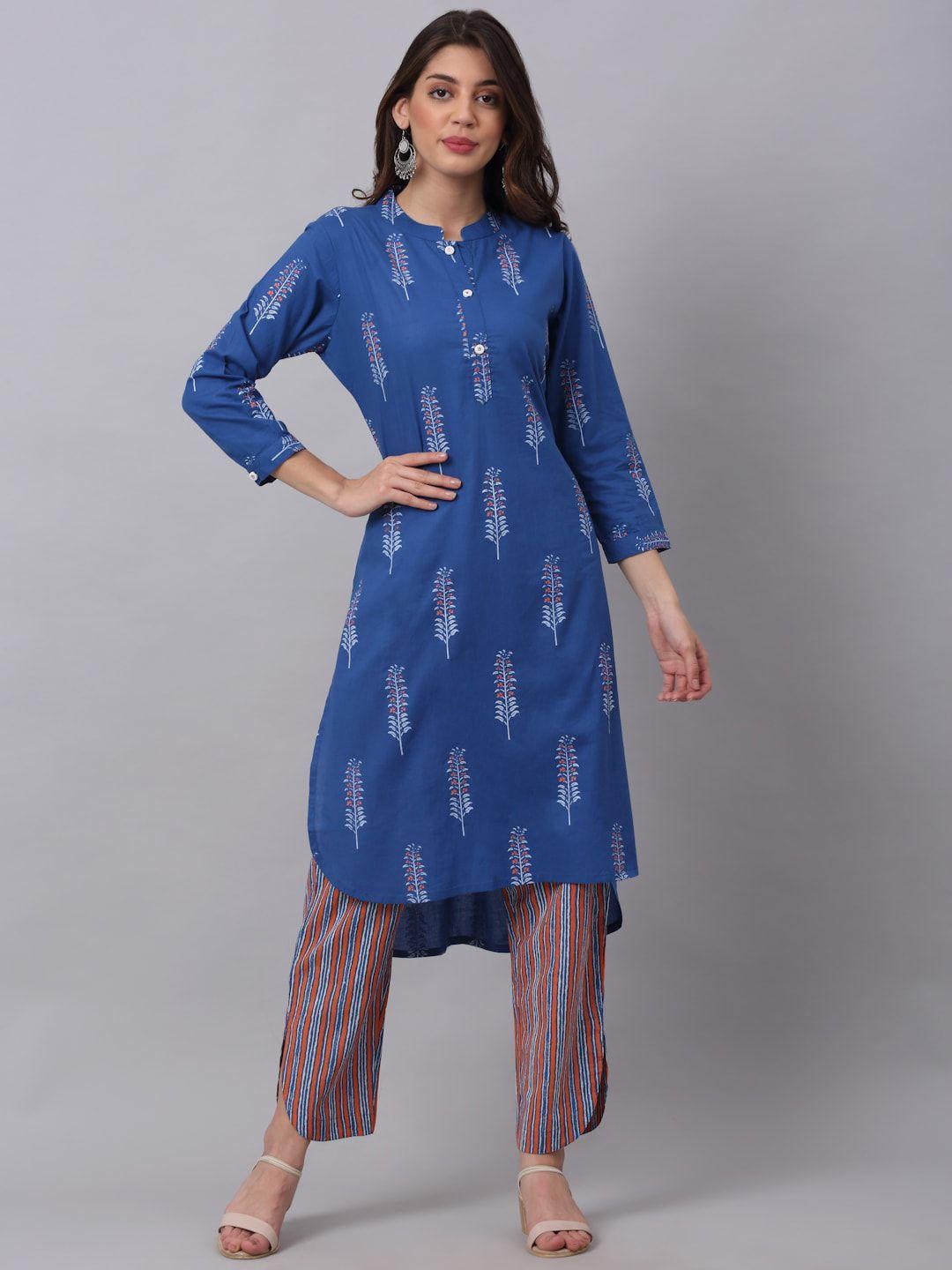 kalini women blue ethnic motifs embroidered pure cotton kurti with trousers