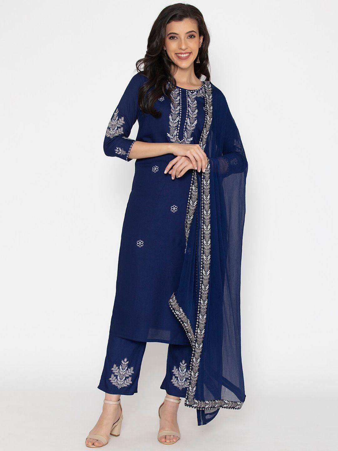kalini women blue ethnic motifs embroidered thread work kurta with trousers & with dupatta