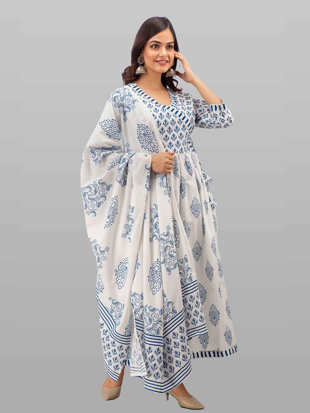 kalini women blue ethnic motifs printed angrakha pure cotton kurta with trousers & dupatta