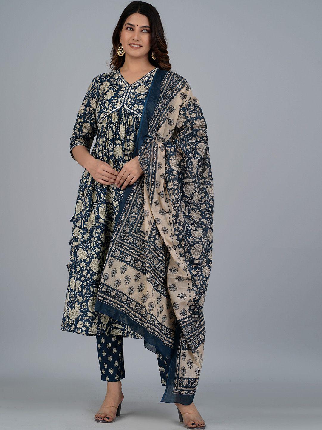 kalini women blue ethnic motifs printed empire pure cotton kurta with trousers & with dupatta