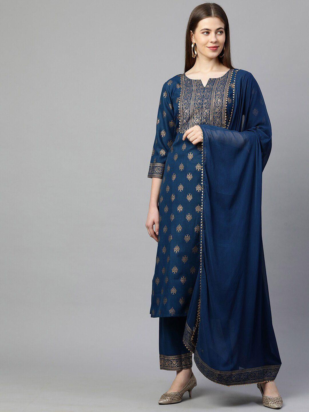 kalini women blue ethnic motifs printed kurta with trousers & with dupatta