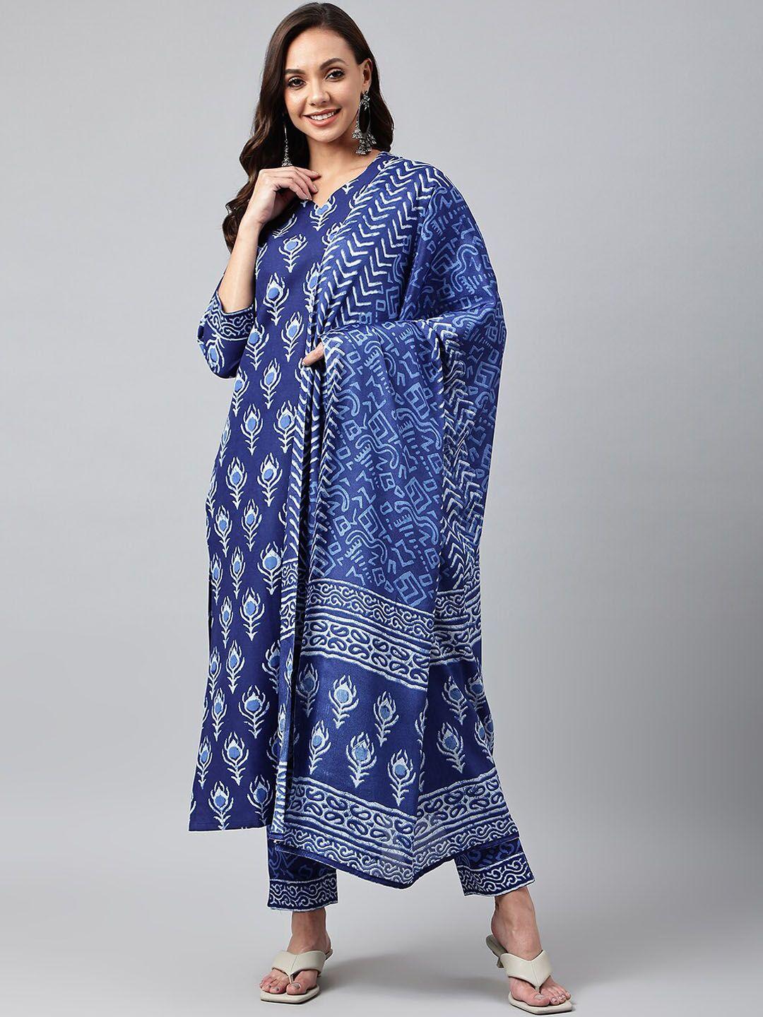 kalini women blue ethnic motifs printed kurta with trousers & with dupatta