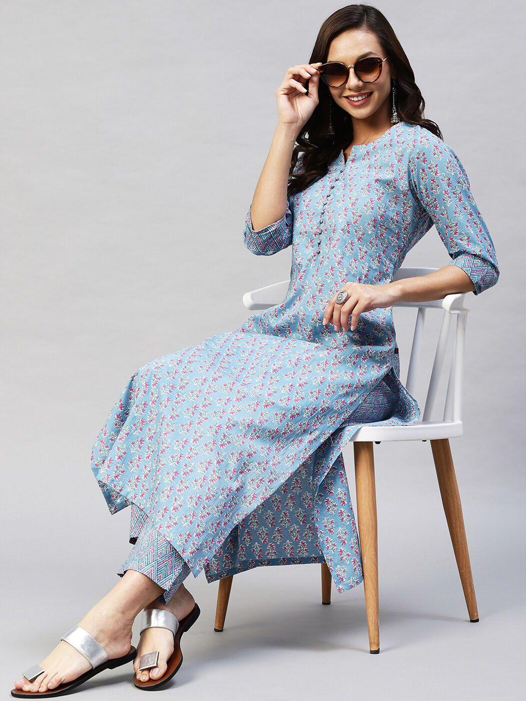 kalini women blue ethnic motifs printed kurta with trousers