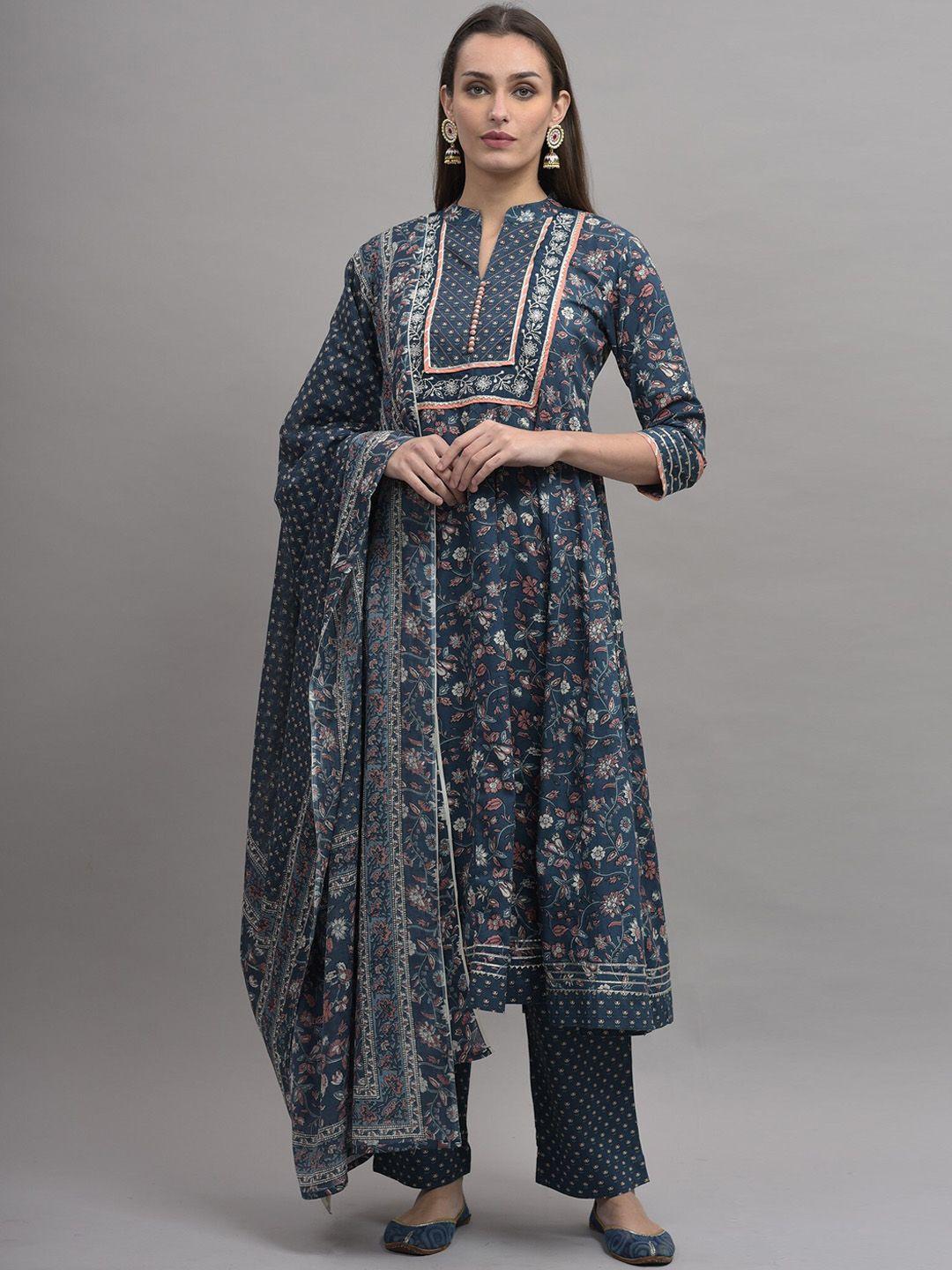 kalini women blue ethnic motifs printed pure cotton kurta with trousers & dupatta