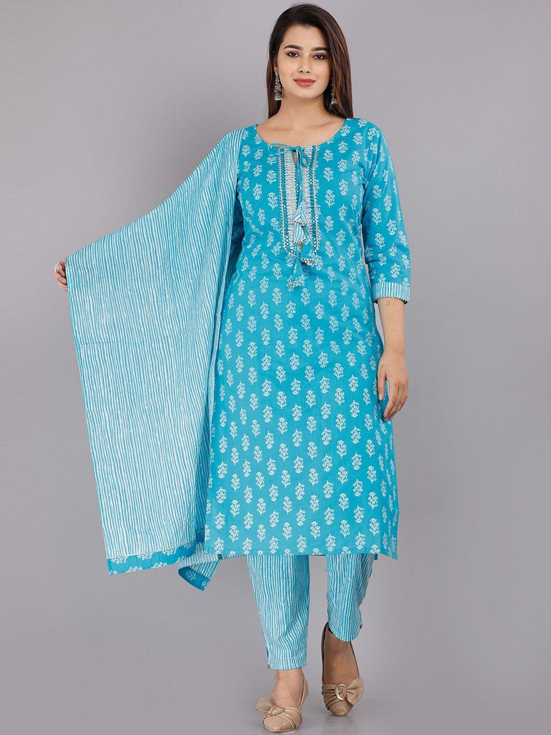 kalini women blue ethnic motifs printed pure cotton kurta with trousers & with dupatta