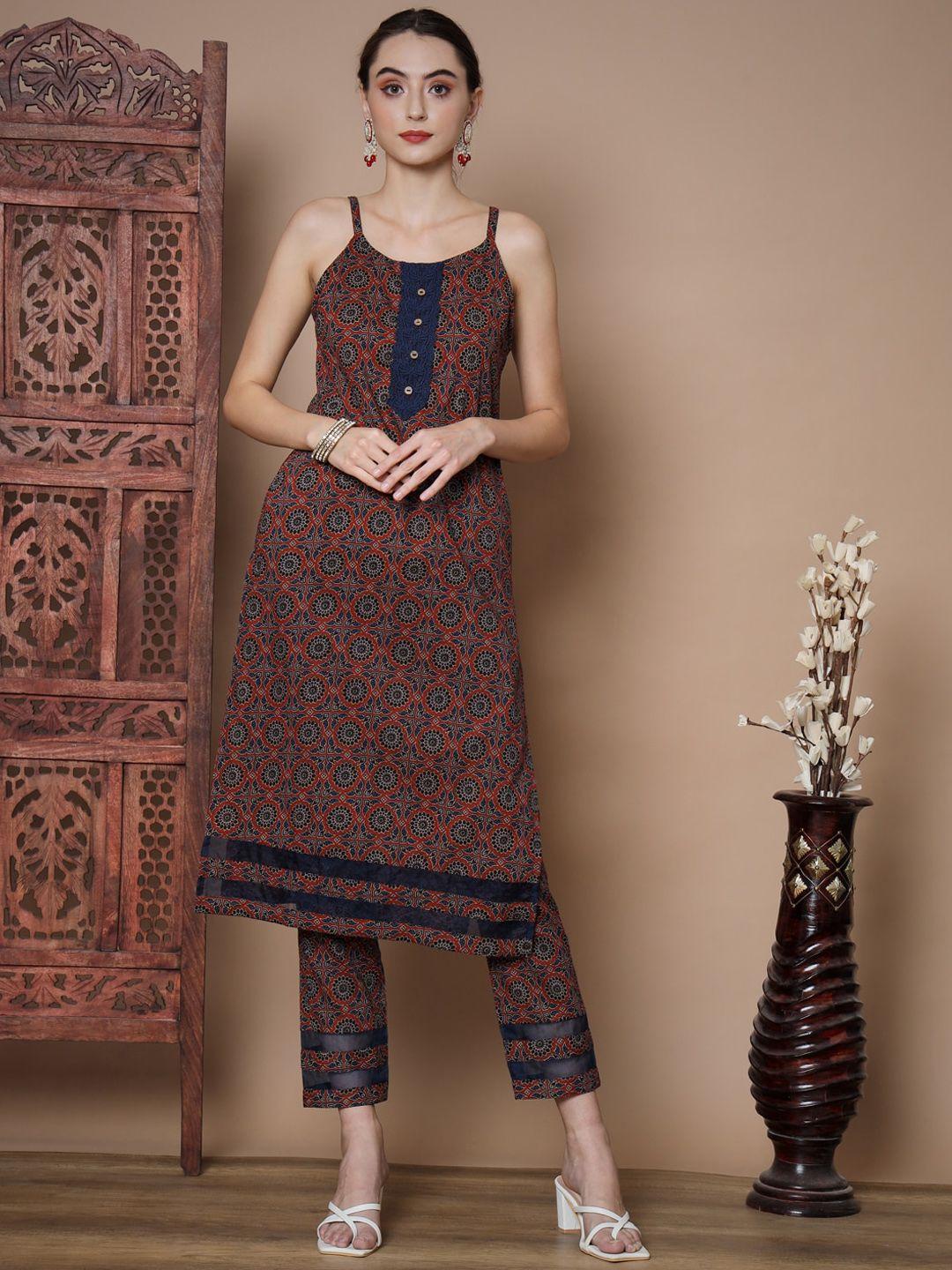 kalini women blue ethnic motifs printed regular pure cotton kurta with trousers