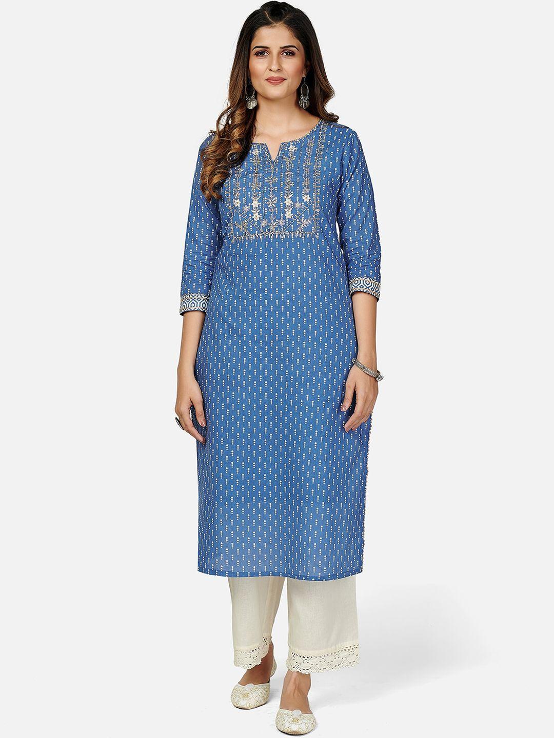 kalini women blue ethnic motifs printed thread worked kurta