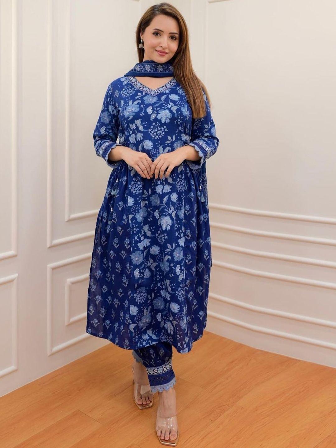 kalini women blue floral embroidered empire aari work pure cotton kurta with patiala & with dupatta