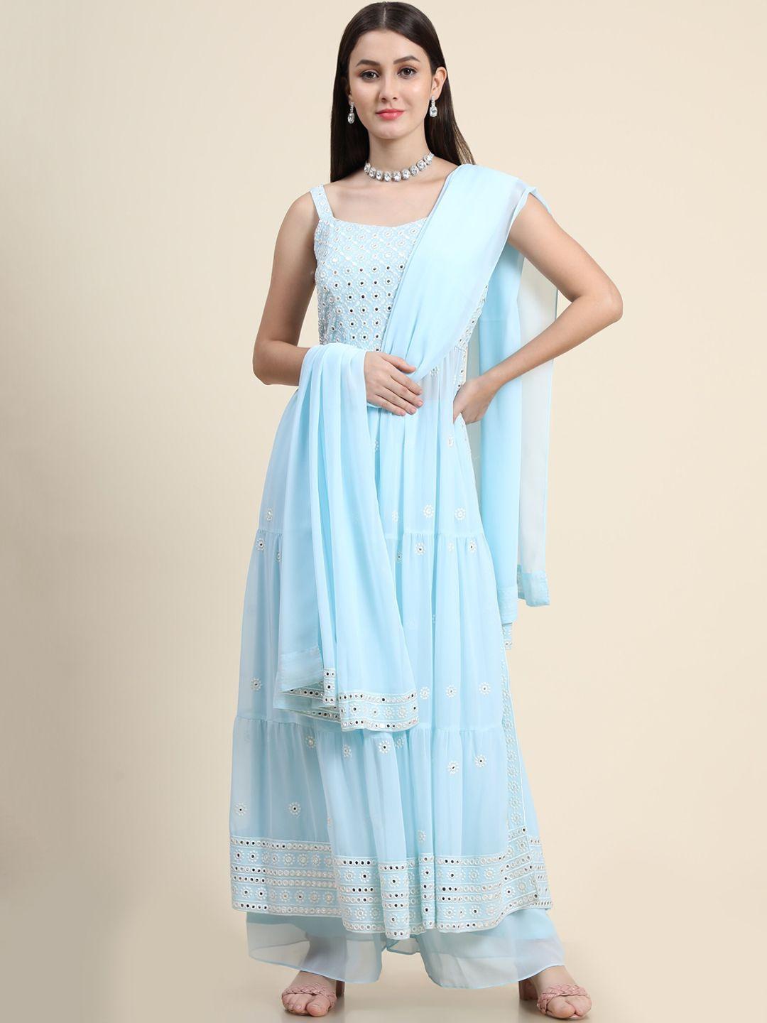 kalini women blue floral embroidered mirror work kurta with palazzos & with dupatta