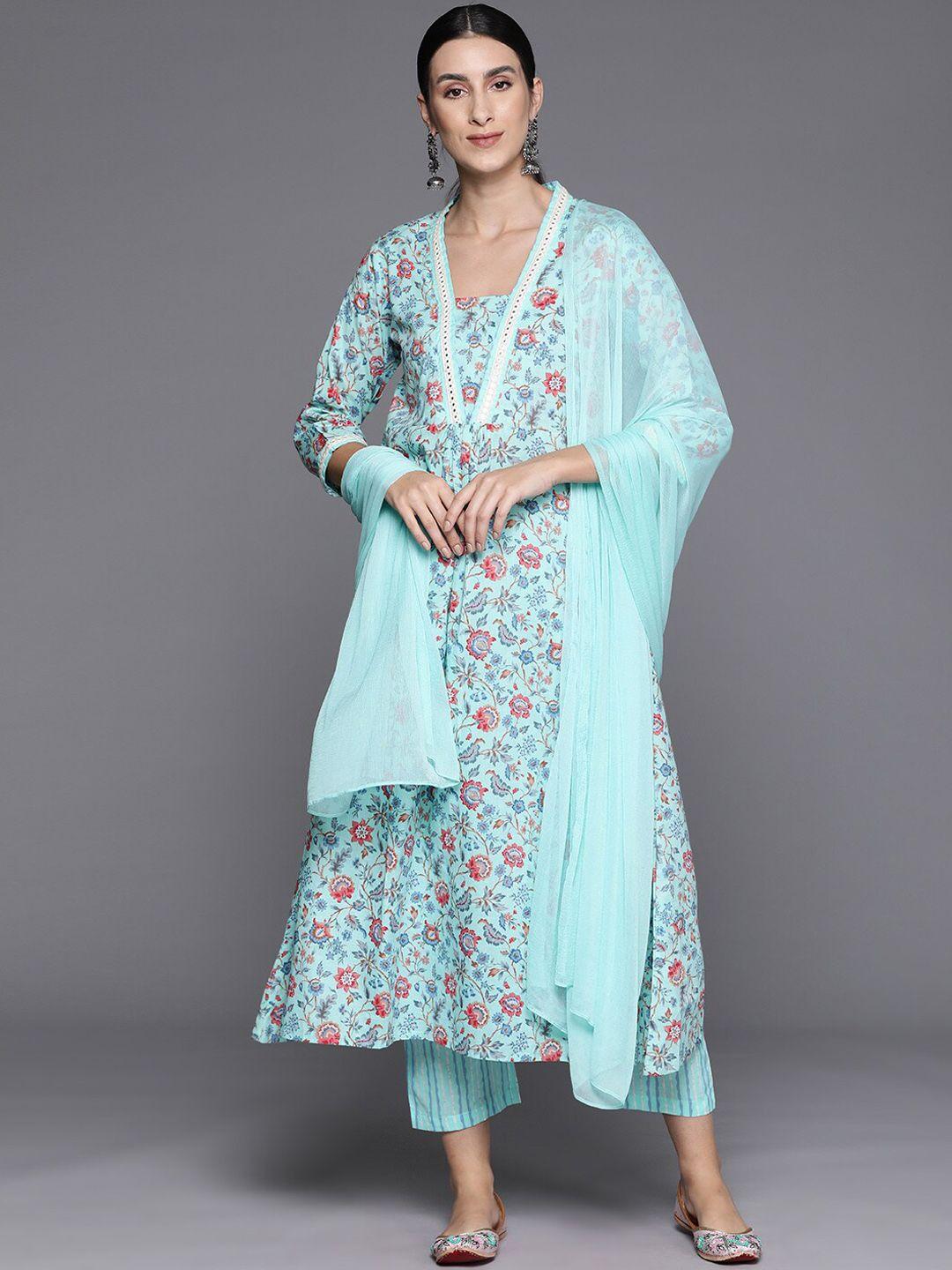 kalini women blue floral printed empire mirror work kurta with trousers & with dupatta