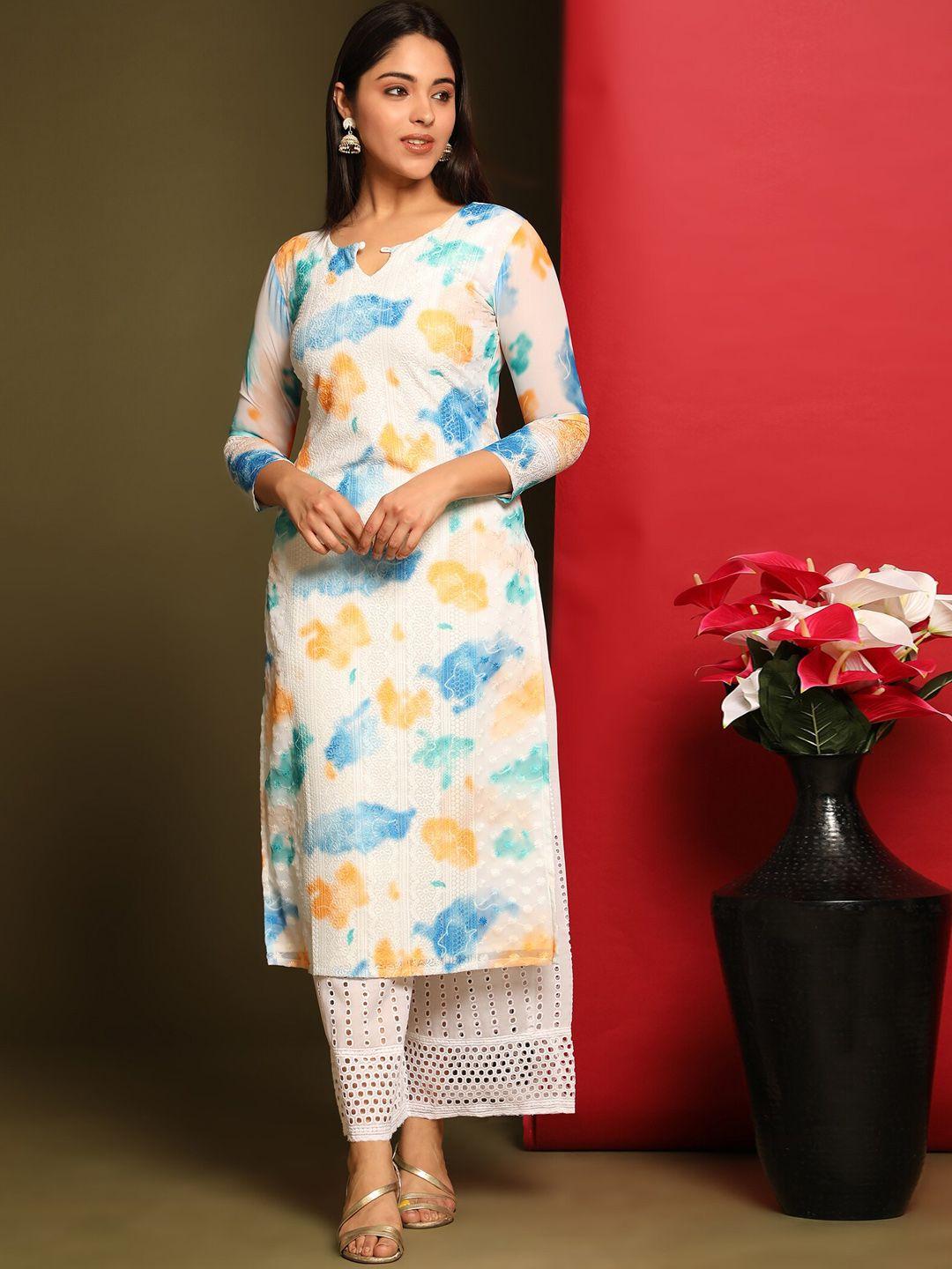 kalini women blue floral printed flared sleeves thread work georgette kurta