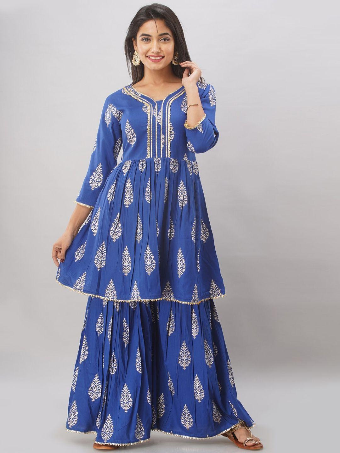 kalini women blue floral printed kurta with sharara